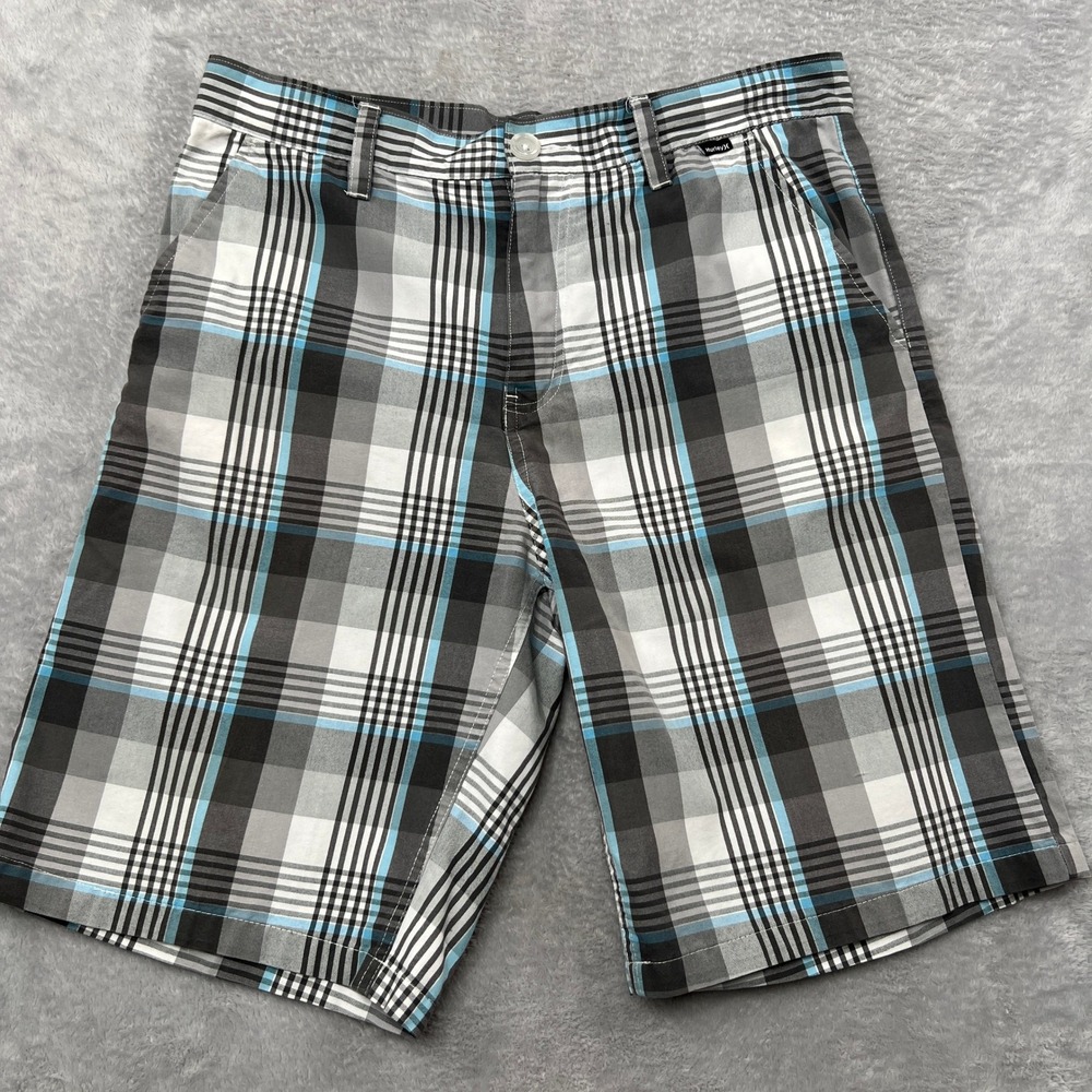 Hurley Plaid Flat Front Walk Shorts Size 33 Grey Blue Mens Surf Skate Casual